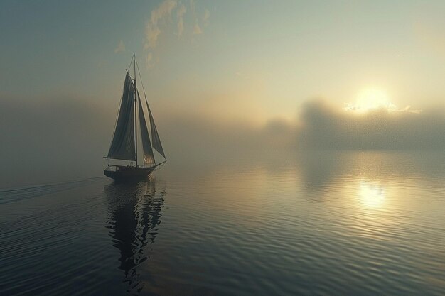 Foto una barca a vela solitaria che scivola su acque calme.