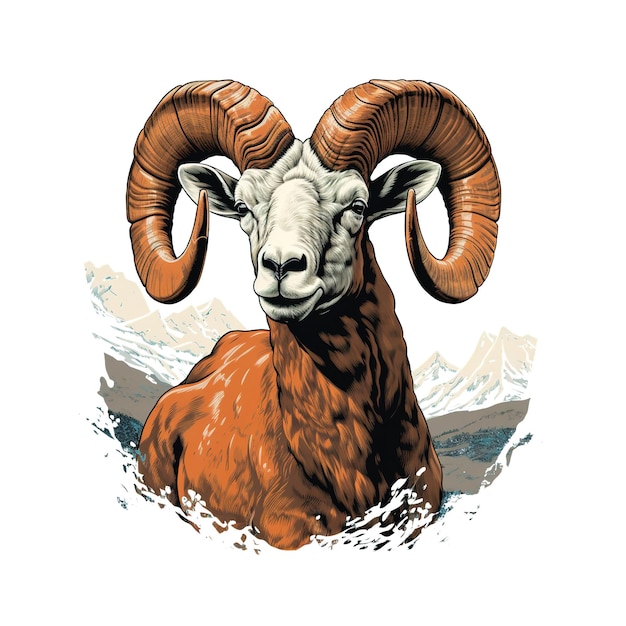 A solitary sheep with majestic horns stands against a clean white background showcasing its natural beauty in this wildlife portrait Illustration Generative AI