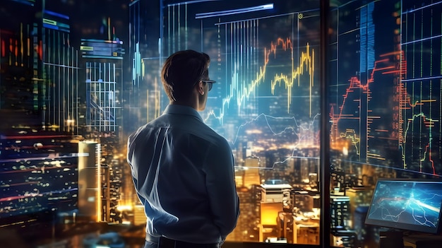 A solitary trader studies stock market graphs on expansive multi monitor workstations employing mobile app analytics for cryptocurrency and investment growth chart analysis AI Generative