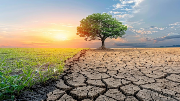 solitary tree on the border of a grassy and barren land