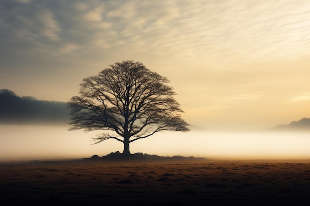 Foto un albero solitario emerge dalla nebbia una figura maestosa in un campo aperto