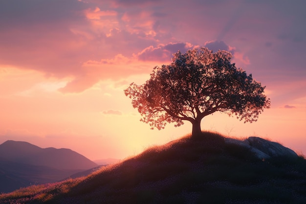 A solitary tree on a hill at sunset