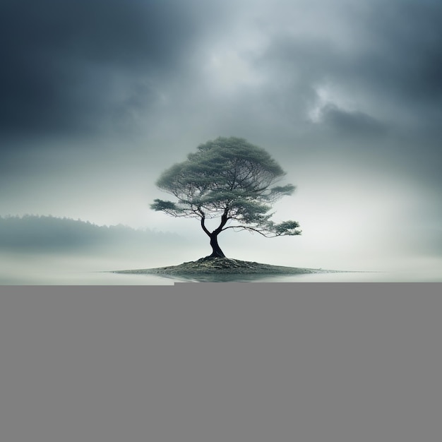 A Solitary Tree In The Middle Of A Misty Lake