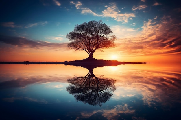 A Solitary Tree Mirrored in the Water Generative AI