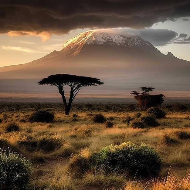 A solitary tree standing tall in a picturesque field with majestic mountains as its backdrop