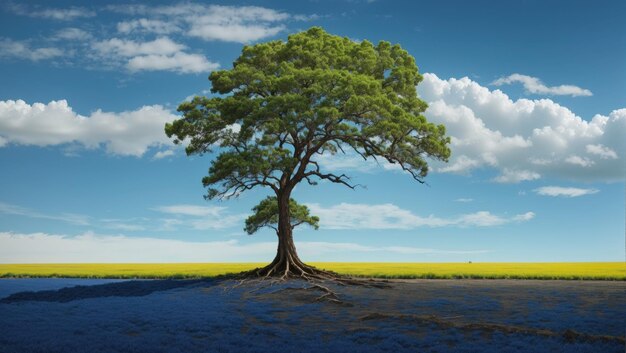 Solitary Tree in Verdant Landscape beneath Azure Sky