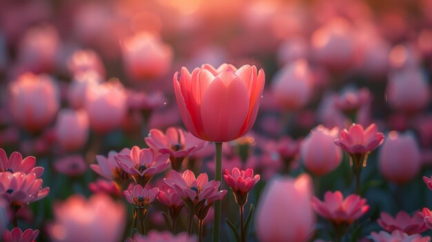 Solitary Tulip Standing Tall Among Pink Blossoms