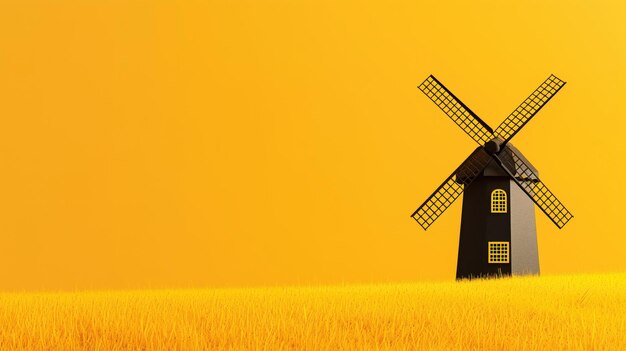 A solitary windmill stands in a golden field against bright yellow background