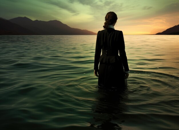 写真 夕暮れ に 山 の 湖 を 渡っ て いる 孤独 な 女性 と 絵画 的 な 景色