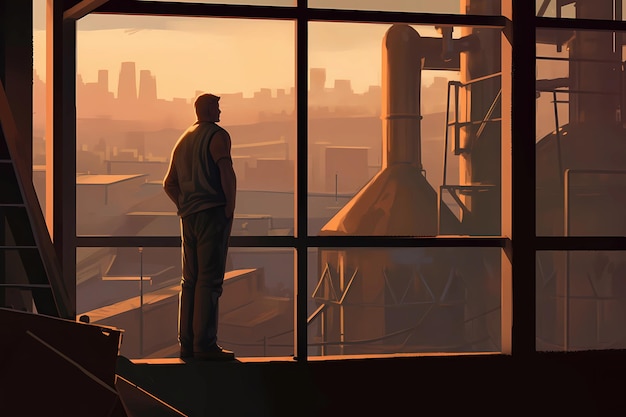 A solitary worker looking a factory Labor Day digital art illustration