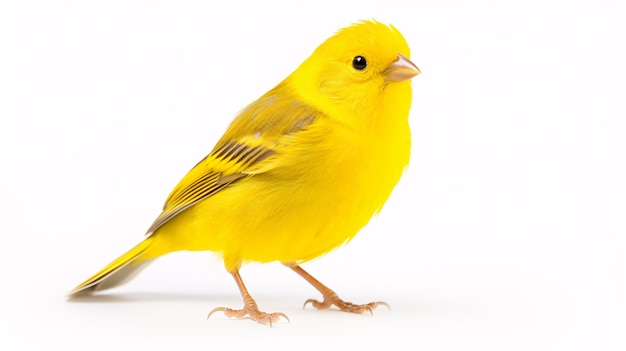 A solitary yellow canary is featured in a pristine white studio setting