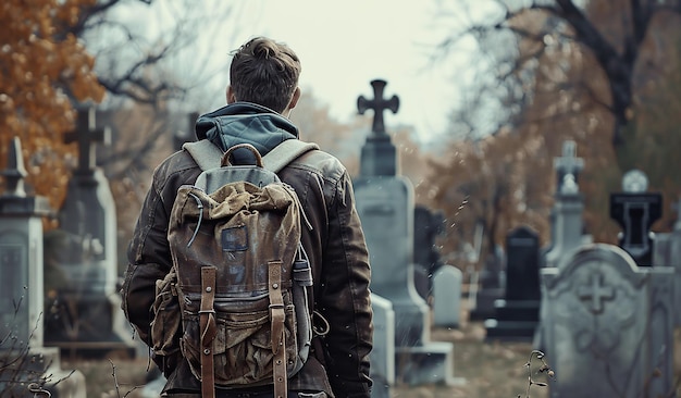 Solitary young adult at an autumn cemetery