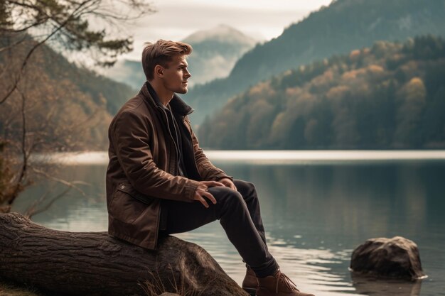 Solitude by the Lake A Man in a Brown Jacket Finds Serenity on a Rock