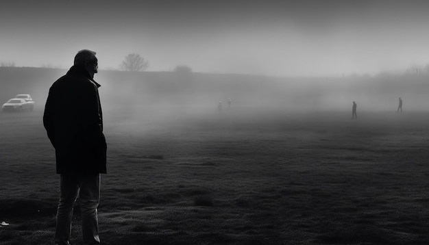 Foto solitudine nel buio una silhouette che cammina nella nebbia generata dall'ai