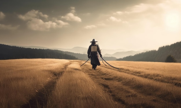 Solitude in the field Samurai and his katana Creating using generative AI tools