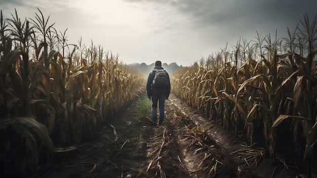 Одиночество в золотых полях Человек, бродящий по бескрайним полям пшеницы и кукурузы, снятый в высоком разрешении