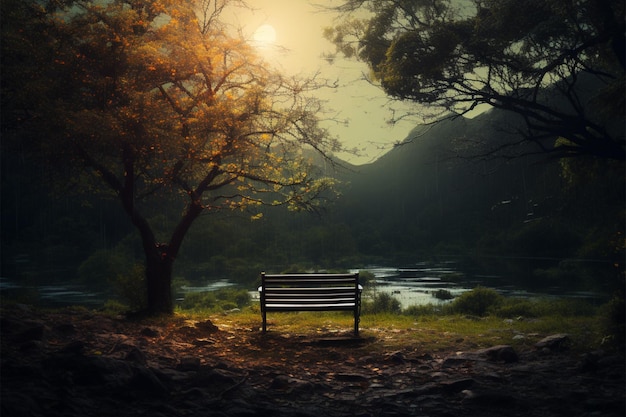 Solitude and grief a couples solitary bench amidst mystical wilderness