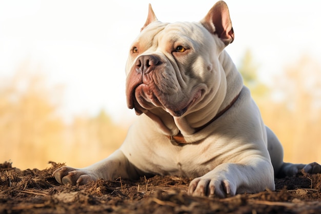 In solitude a majestic white American Bully dog showcases its unique charm