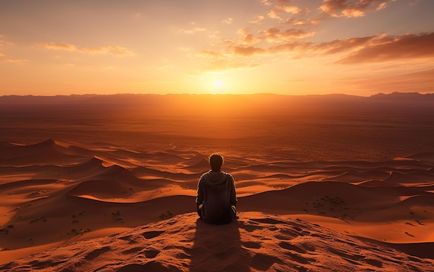 Foto solitudine nelle sabbie contemplazione di un giovane esploratore nel sahara