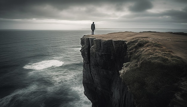 Foto l'uomo d'affari alla ricerca della solitudine conquista la natura la bellezza maestosa trovando ispirazione e libertà generate dall'intelligenza artificiale