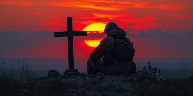 Photo solitude at sunset contemplation by the cross