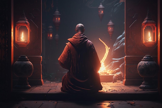 Уединение в храме Китайский монах медитирует в одиночестве в безмятежности