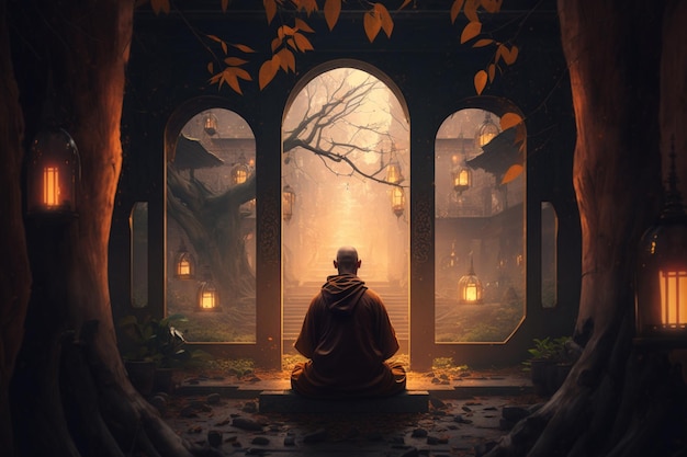 寺院での孤独 静けさの中で一人で瞑想する中国の僧侶