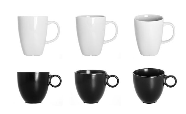 Sollection of different coffee and tea cups isolated on white background