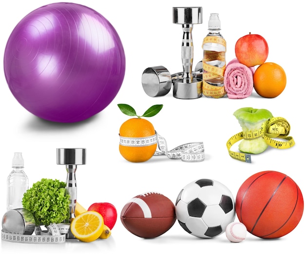 Сollection of sports equipment and healthy food