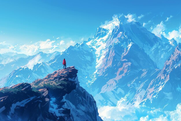 단독 모험가 가 산꼭대기 를 내려다보는 절벽 꼭대기 에 서 있다