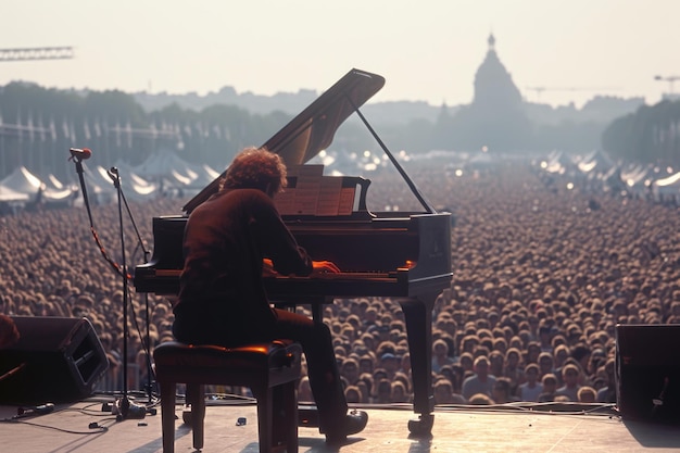 Solo artist at a piano commanding a large audience under open skies