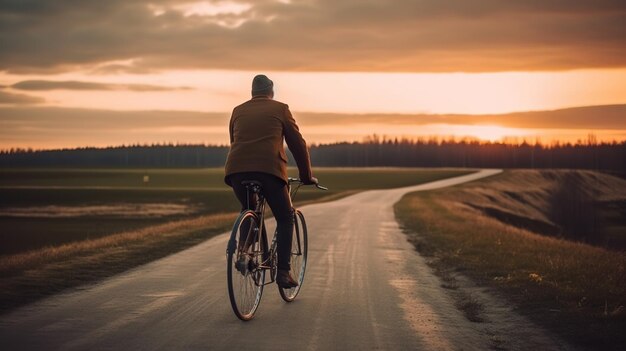 Solo biker on country side road at sunset