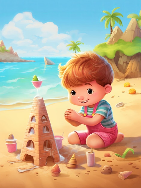 Solo child in Hawaiian attire building a sandcastle by the sea watercolor tone pastel 3D Animator