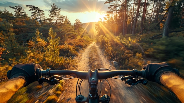 Photo solo cyclist speeding along a scenic route helmet on sunshine bathing the path active lifestyle outdoors vibrant liberating journey ai generative