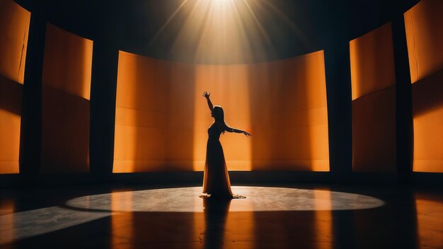 Foto ballerina solista in silhouette contro il palco illuminato durante la performance serale ai generativa