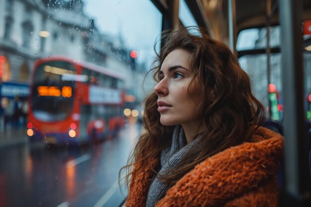 A traveler gazes thoughtfully out the window of a bus, watching the rain-soaked city streets bustling with activity and red double-decker buses. section 5