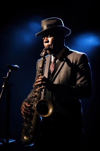 Solo jazz musician in hat playing saxophone under stage lights