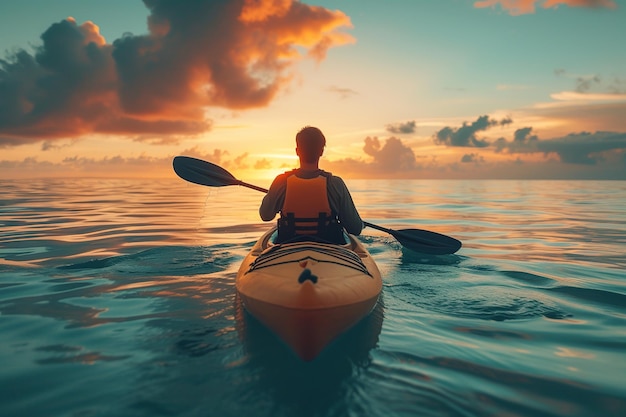 Solo Kayaker in Caribbean Bay at Dawn A Serene Rear View