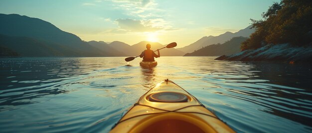 カリブ海湾 の カヤッカー は,夜明け に 独り で 静かな 後ろ の 景色 を 眺め て い ます