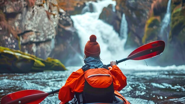 Foto solo kayaker nadert waterval avontuur in de wildernis het verkennen van de natuur schoonheid bij de rivier buiten sport levensstijl beeld ai