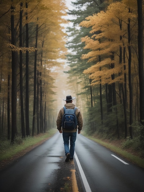 Foto uomo da solo che cammina nella scura foresta autunnale maschio sportivo attivo con zaino all'aperto camminiere che si diverte a vacare