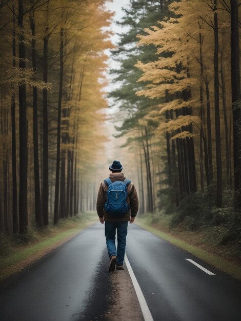 Foto uomo da solo che cammina nella scura foresta autunnale maschio sportivo attivo con zaino all'aperto camminiere che si diverte a vacare