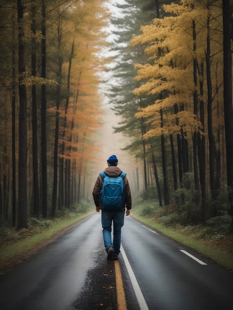 Foto uomo da solo che cammina nella foresta oscura d'autunno maschio attivo sportivo con zaino all'aperto camminiere che si diverte a vacare