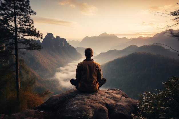 Одиночная медитация среди безмятежных горных пейзажей. Практика техник релаксации с использованием искусственного интеллекта.