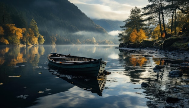 solo person fishing in a small boat in a peaceful lake