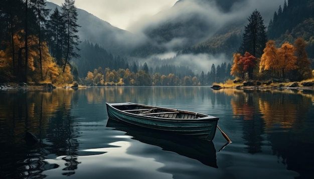 solo person fishing in a small boat in a peaceful lake