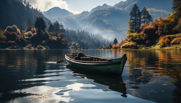 solo person fishing in a small boat in a peaceful lake