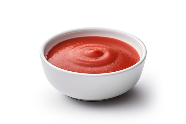 A solo red ketchup bowl on white