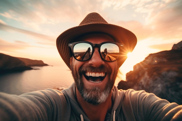 Solo reiziger neemt een selfie van zichzelf bij zonsondergang met zonnebril en hoed
