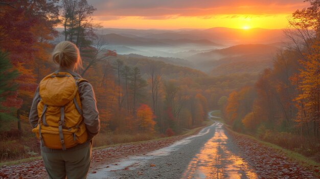 山の中で息をのむような秋の日の出を眺める一人旅行者